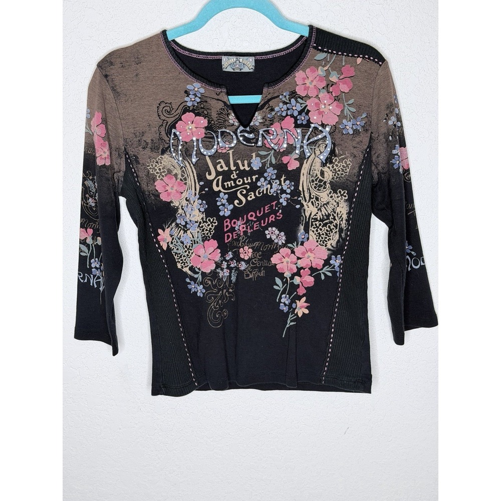 Y2K Vanilla Sugar Top Womens‎ Size M Black Floral Cotton 3/4 Sleeves Casual